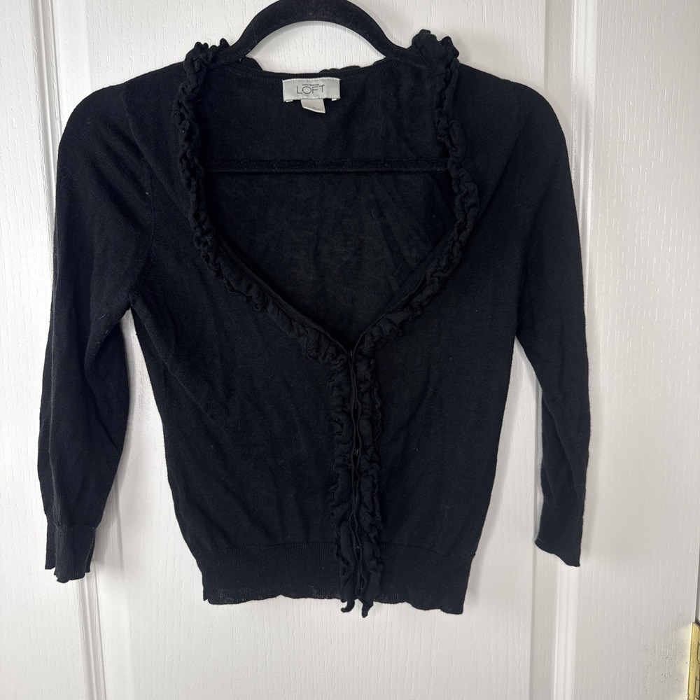 Ann Taylor LOFT Womens S Black Ruffle Open Front Cardigan Sweater